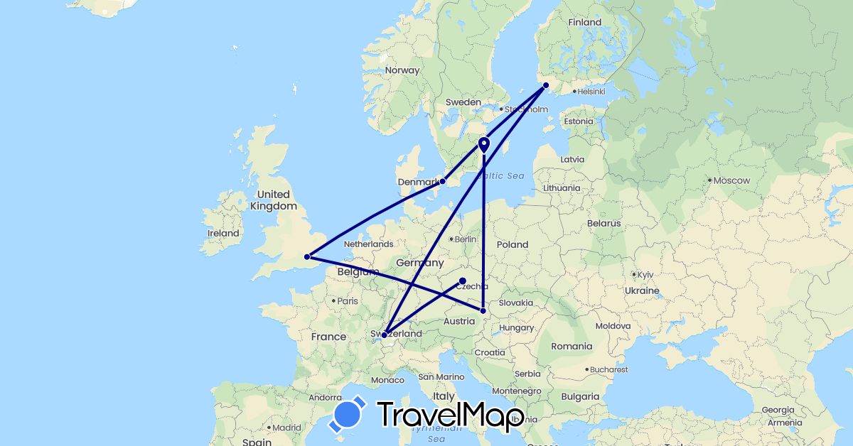 TravelMap itinerary: driving in Austria, Switzerland, Czech Republic, Denmark, Finland, United Kingdom, Sweden (Europe)